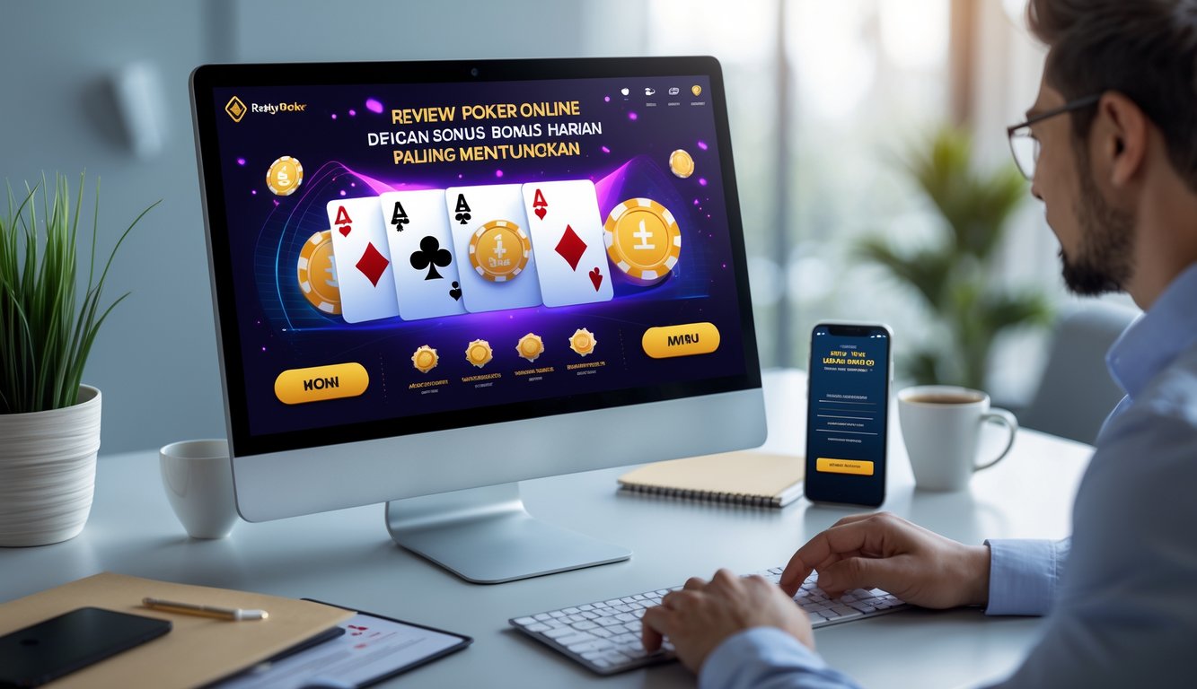 Seorang pemain poker online menggunakan laptop dengan tampilan permainan poker dan chip digital di meja kerja yang rapi.