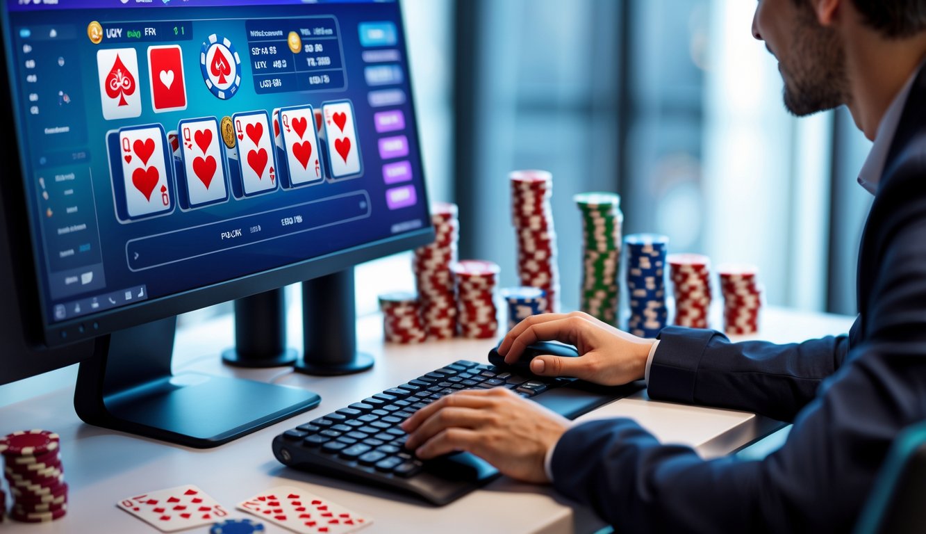 Seseorang sedang bermain poker online di meja dengan komputer dan chip poker.