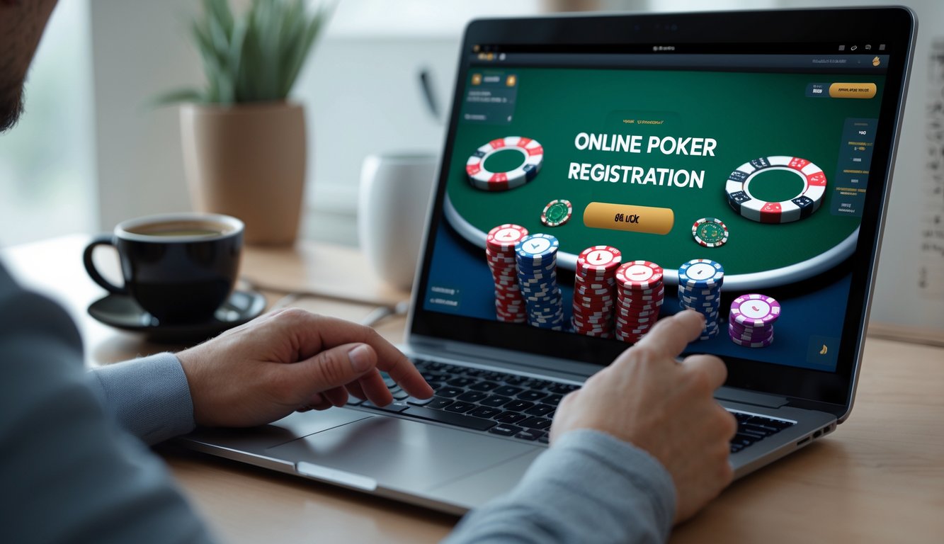Seseorang menggunakan laptop di meja kerja dengan tampilan permainan poker online di layar.