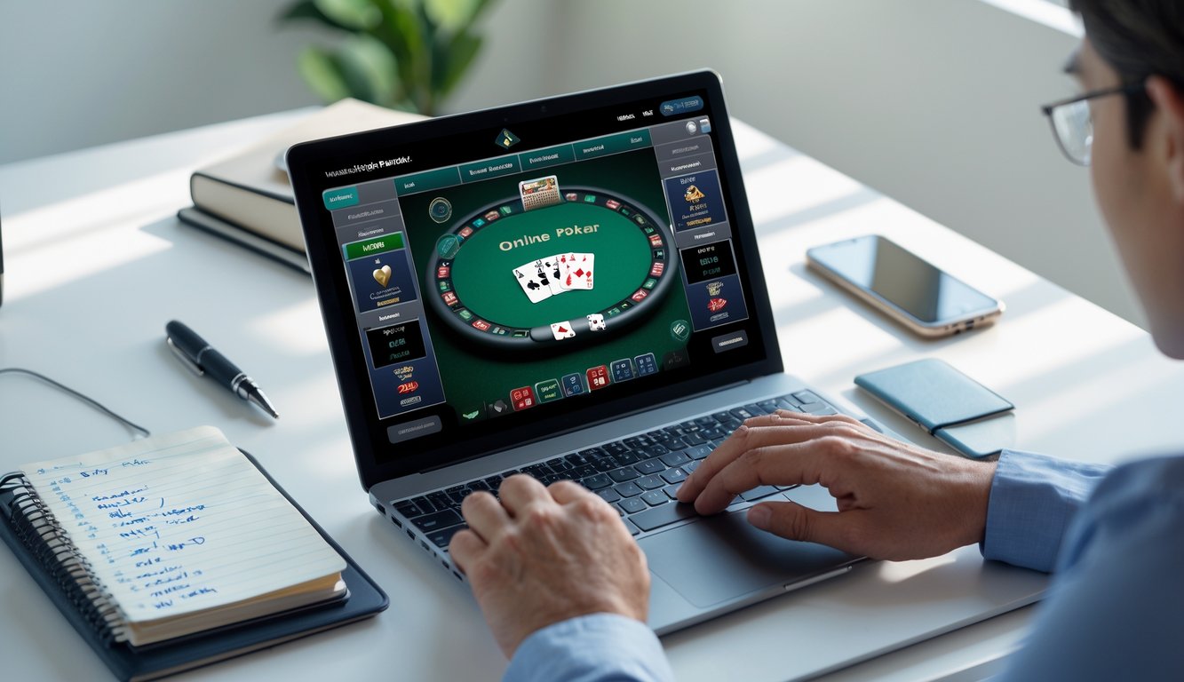 Meja kerja dengan laptop yang menampilkan permainan poker online, tangan seseorang sedang menggunakan laptop, di sekitar terdapat buku catatan dan ponsel.