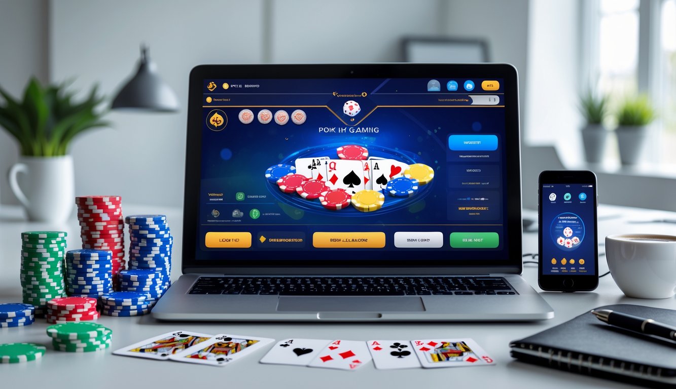 Meja kerja dengan laptop menampilkan permainan poker online, dikelilingi chip poker, kartu remi, dan ponsel yang menunjukkan aplikasi poker.
