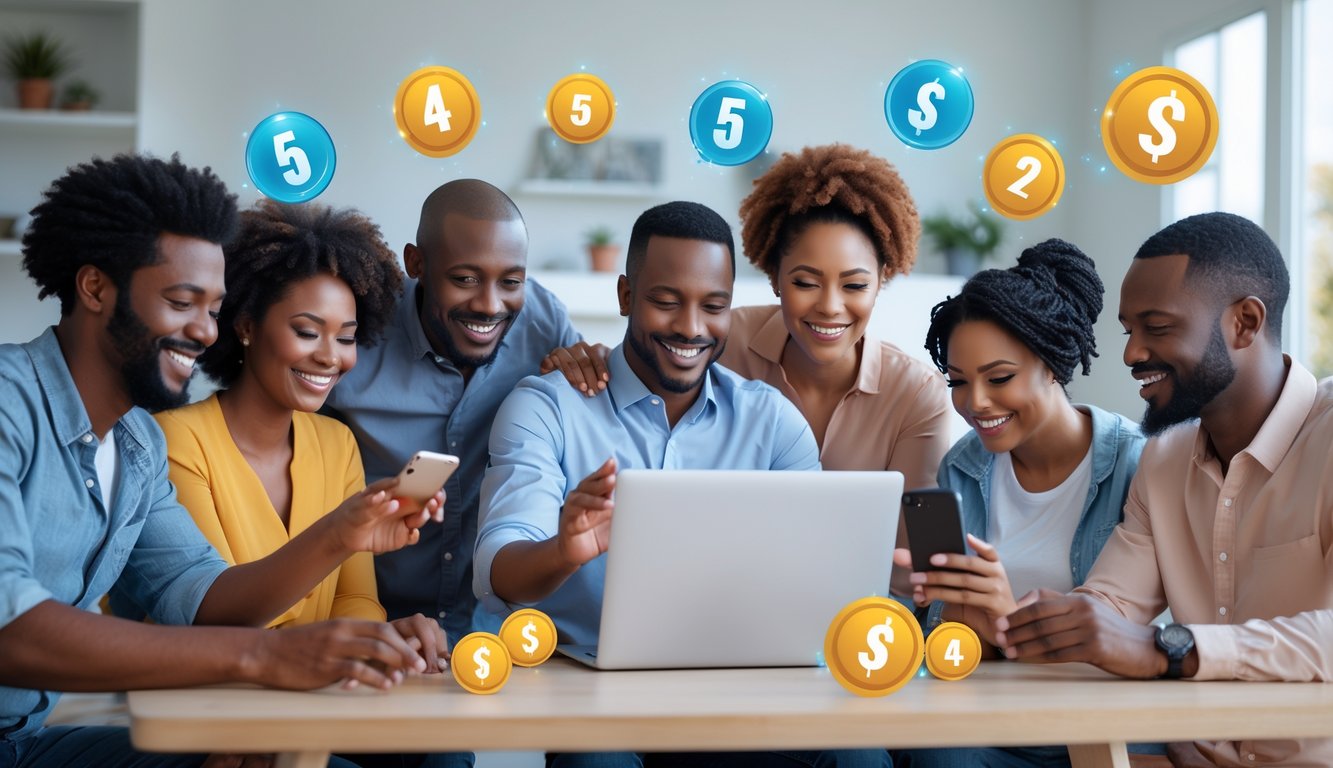 Sekelompok orang dewasa yang bahagia sedang bermain togel online menggunakan laptop dan ponsel di ruang tamu yang nyaman.