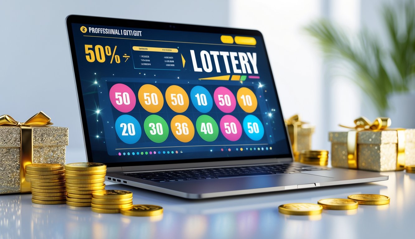 Seseorang menggunakan laptop yang menampilkan situs togel online dengan simbol koin emas dan kotak hadiah di sekitarnya.