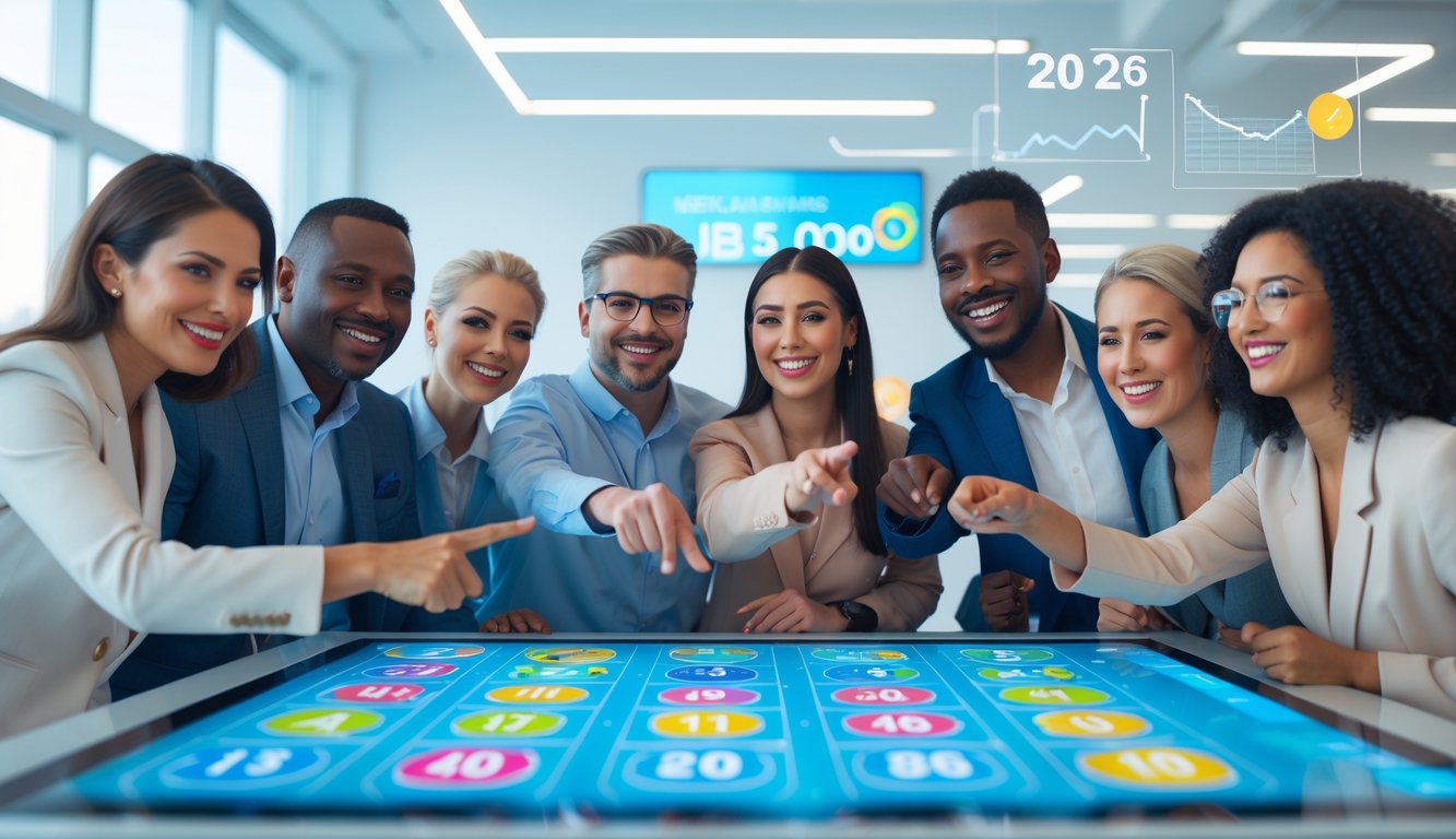 Sekelompok orang tersenyum mengelilingi meja digital dengan tampilan angka lotre dan grafik di ruang kantor modern.