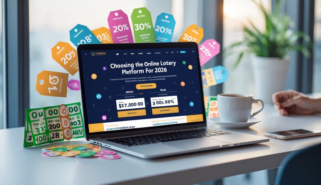 Meja kerja modern dengan laptop yang menampilkan halaman situs lotere online, tiket lotere, dan tanda diskon, suasana cerah dan profesional.