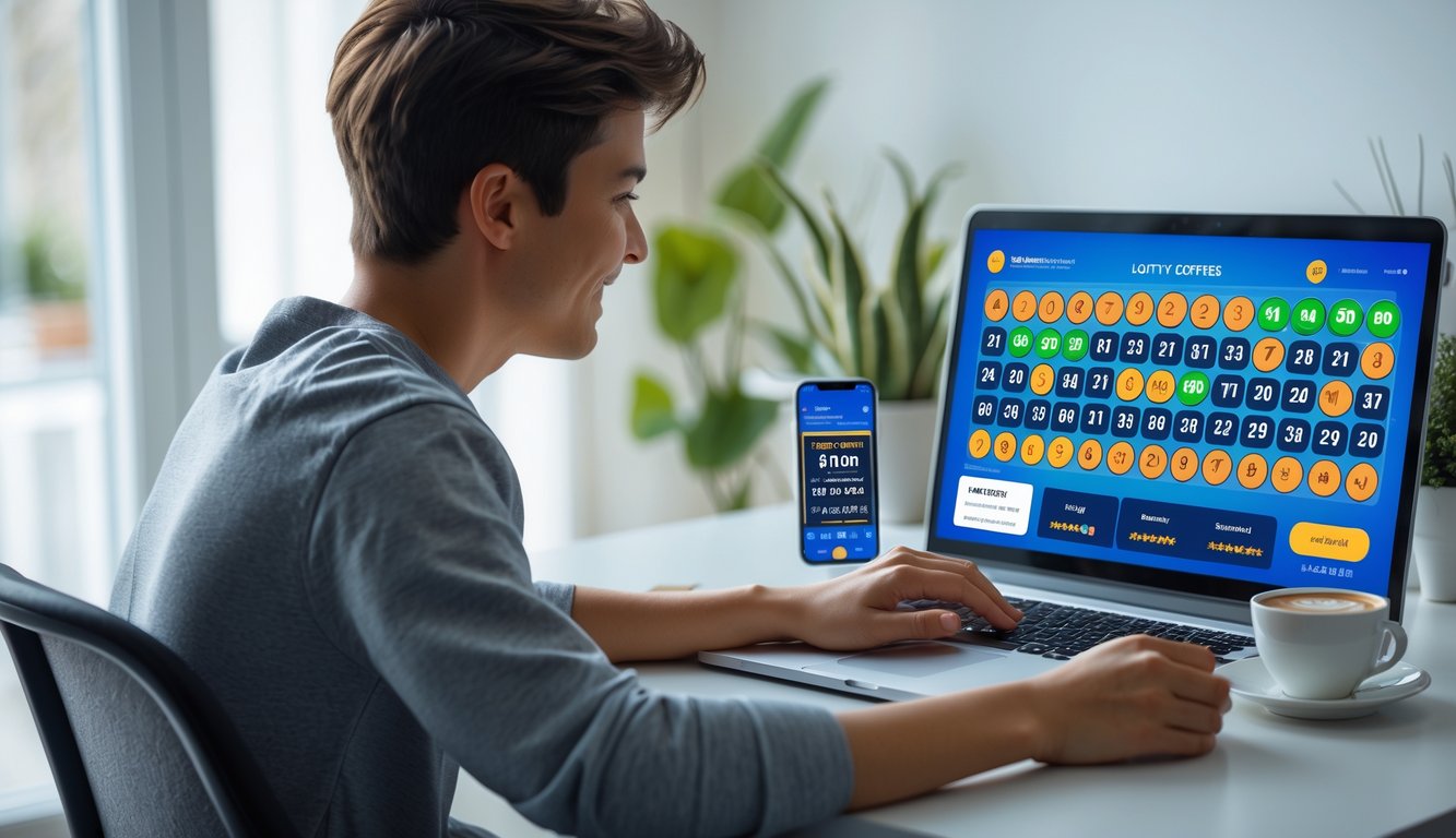 Seorang dewasa muda duduk di meja dengan laptop, fokus bermain permainan togel online, di ruangan yang terang dan rapi.