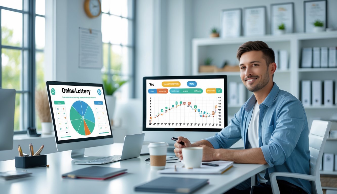 Seseorang duduk di meja kerja modern dengan laptop dan ponsel yang menampilkan grafik dan angka, terlihat fokus menganalisis data dalam ruangan terang dengan jendela besar.