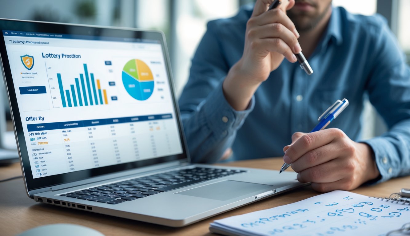 Seorang pria duduk di depan laptop di meja kerja dengan catatan dan pena, terlihat fokus menganalisis data angka togel online.