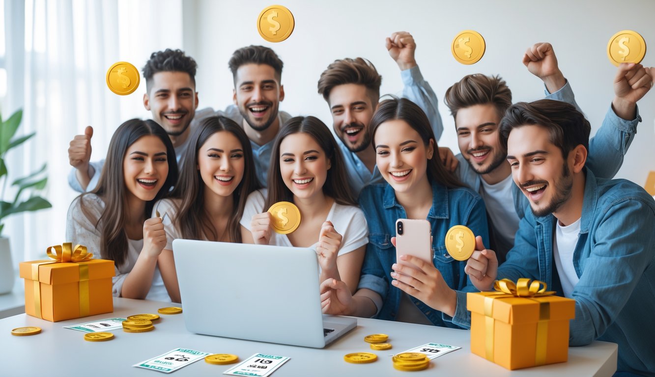 Sekelompok orang muda yang bahagia merayakan kemenangan menggunakan laptop dan ponsel di ruangan yang cerah.