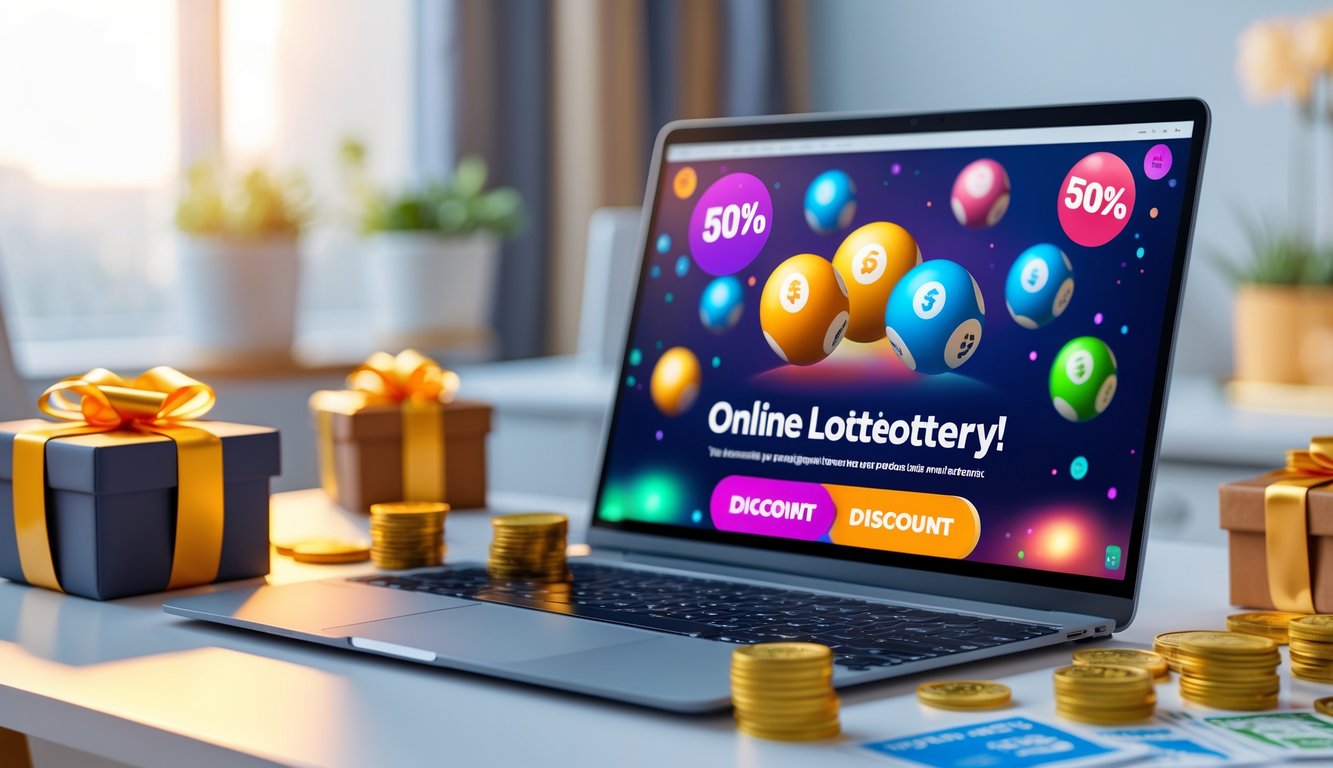Seorang pengguna di depan laptop dengan tampilan situs togel online, dikelilingi oleh hadiah dan simbol diskon di meja kerja.
