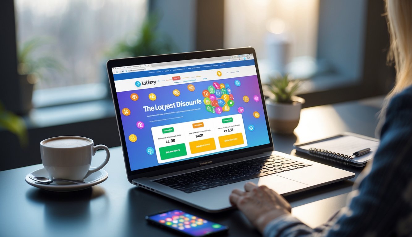 Sebuah meja kerja modern dengan laptop yang menampilkan situs togel online, kopi, dan alat tulis di sekitarnya.