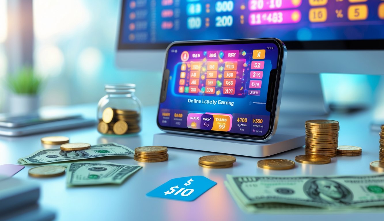 Seseorang menggunakan perangkat digital dengan elemen uang dan tanda diskon di meja yang bersih.