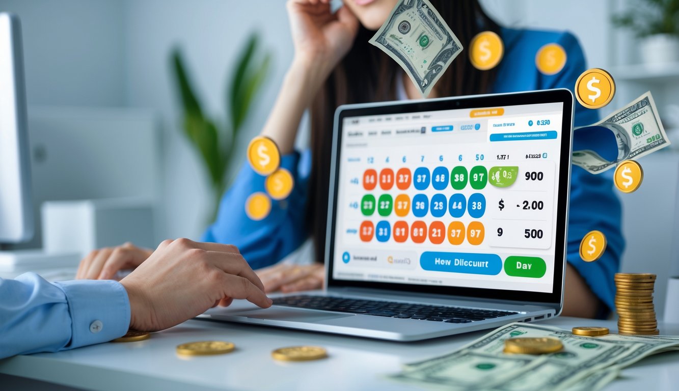 Seseorang menggunakan laptop di meja kerja dengan layar menampilkan angka togel dan simbol keuntungan finansial di sekitarnya.