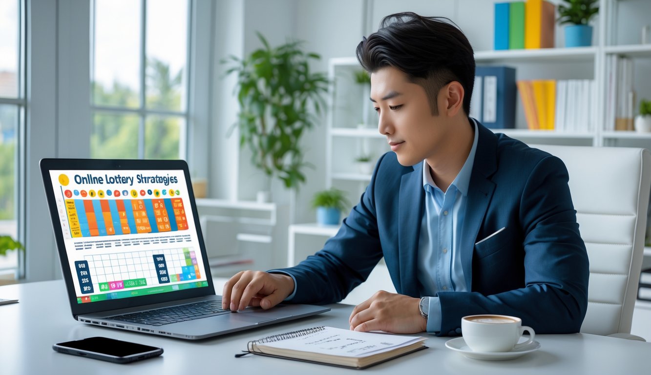 Seorang pria muda duduk di meja kerja dengan laptop, dikelilingi oleh catatan dan alat tulis, fokus pada layar komputer di ruangan yang terang.