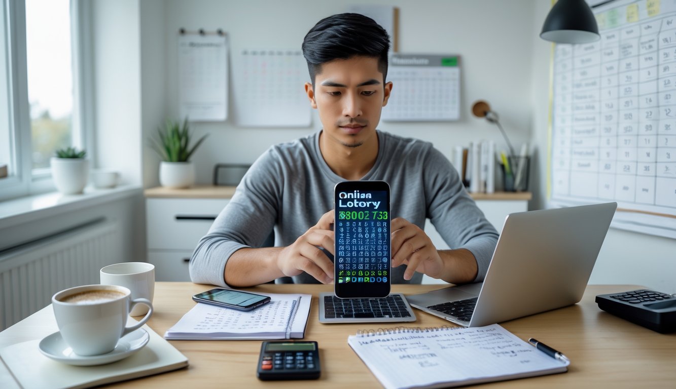 Seorang dewasa muda fokus duduk di meja dengan laptop dan smartphone, menganalisis data angka togel online di ruang kerja yang rapi.