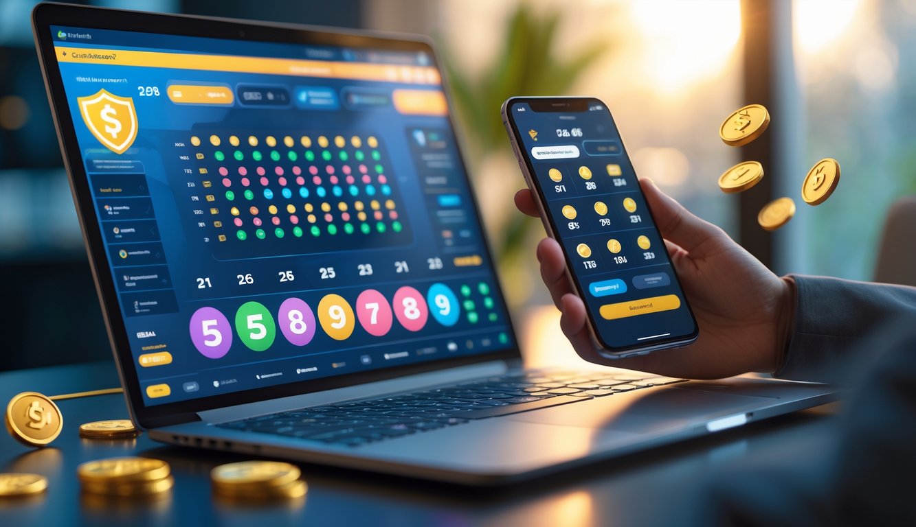 Sebuah meja kerja modern dengan komputer dan ponsel yang menampilkan aplikasi taruhan lotere online, dengan simbol keamanan dan cashback di sekitar perangkat.