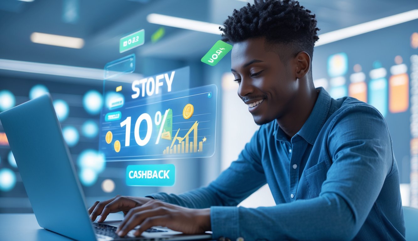 Seorang dewasa muda menggunakan laptop di lingkungan modern dengan elemen digital yang menunjukkan diskon dan cashback.