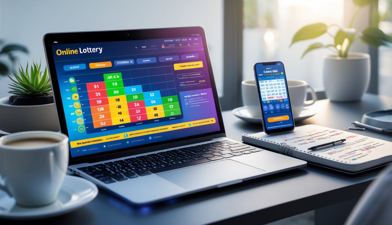 Meja kerja modern dengan laptop dan smartphone menampilkan aplikasi togel online, sebuah buku catatan, dan cangkir kopi di dekat jendela.