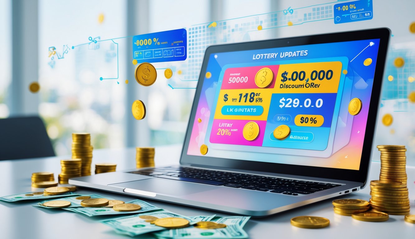 Meja kerja modern dengan laptop menampilkan antarmuka togel online dan diskon, dikelilingi tiket togel, koin, dan uang tunai.