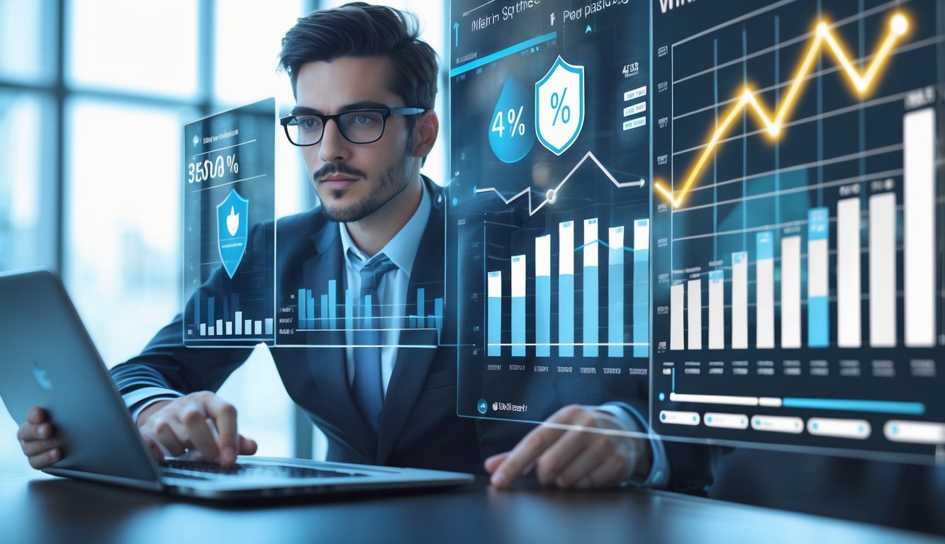 Seorang profesional sedang menganalisis data pada beberapa layar digital di kantor modern yang terang.