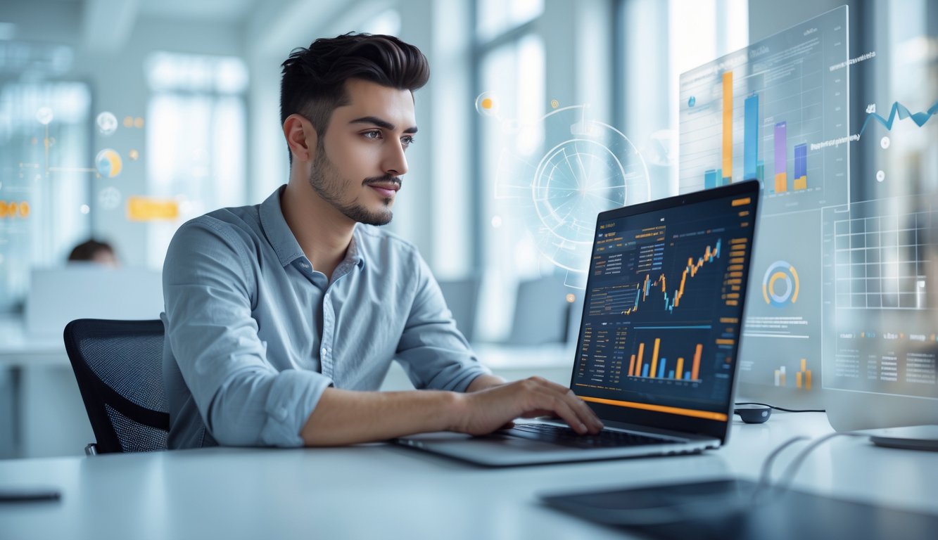 Seorang pria muda duduk di meja dengan laptop di kantor modern, fokus melihat data dan grafik terkait RTP online.