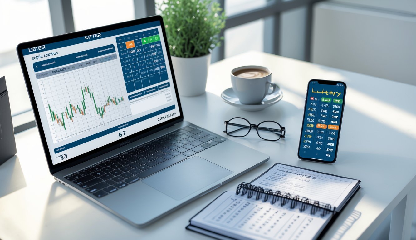 Meja kerja modern dengan laptop, ponsel menampilkan aplikasi lotere, buku catatan dengan catatan strategi, cangkir kopi, dan kacamata.