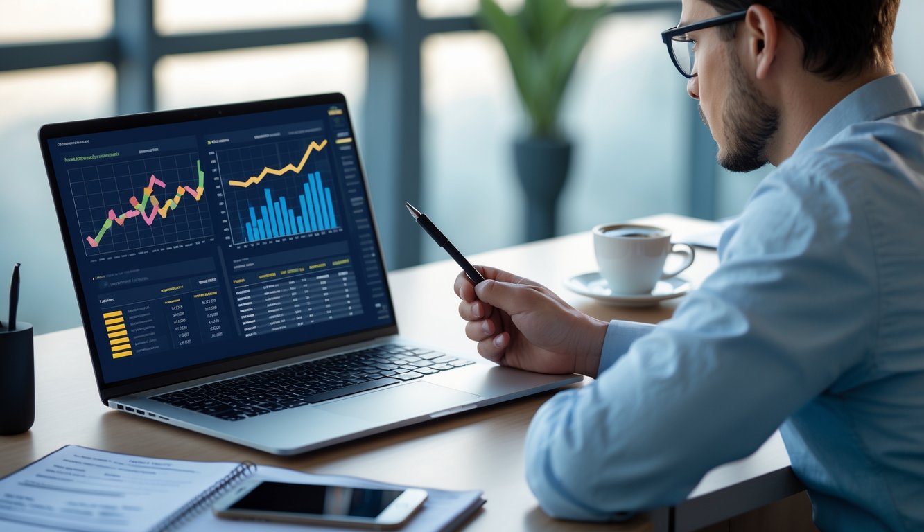 Seorang profesional sedang menganalisis data prediksi angka di depan laptop di ruang kerja yang rapi.