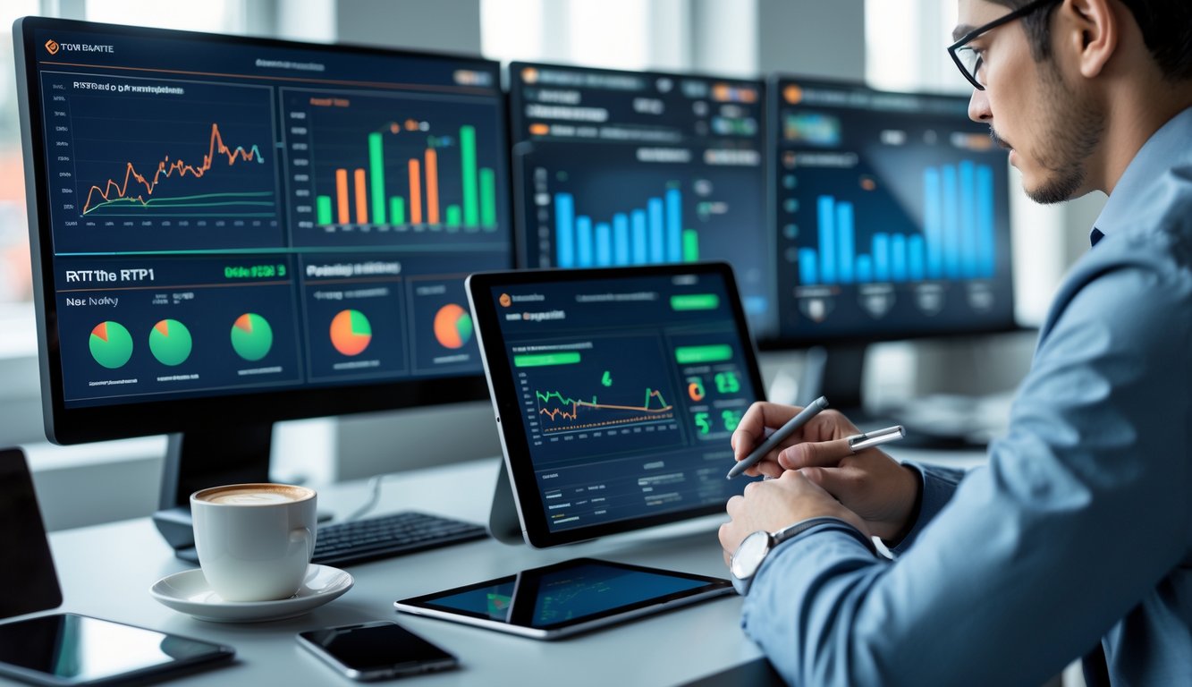 Seorang profesional sedang menganalisis data statistik di depan beberapa layar komputer di ruang kerja modern.