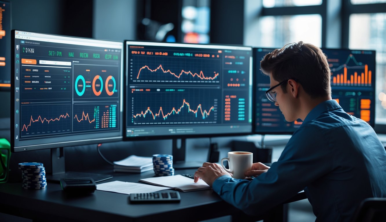 Seseorang sedang menganalisis data statistik di depan beberapa layar komputer di ruang kerja modern.