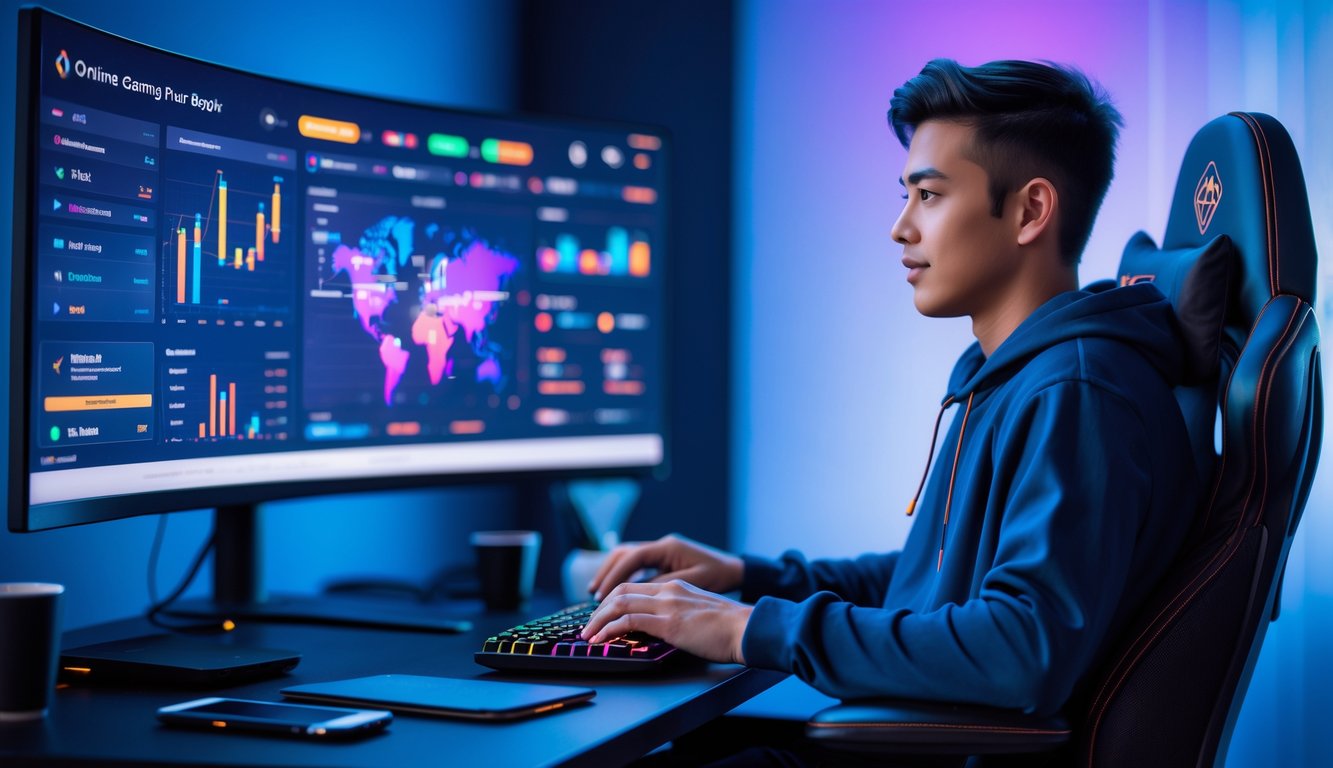 Seorang dewasa muda duduk di meja kerja dengan komputer menampilkan antarmuka permainan futuristik, dikelilingi oleh perlengkapan teknologi dan suasana pencahayaan biru ungu.