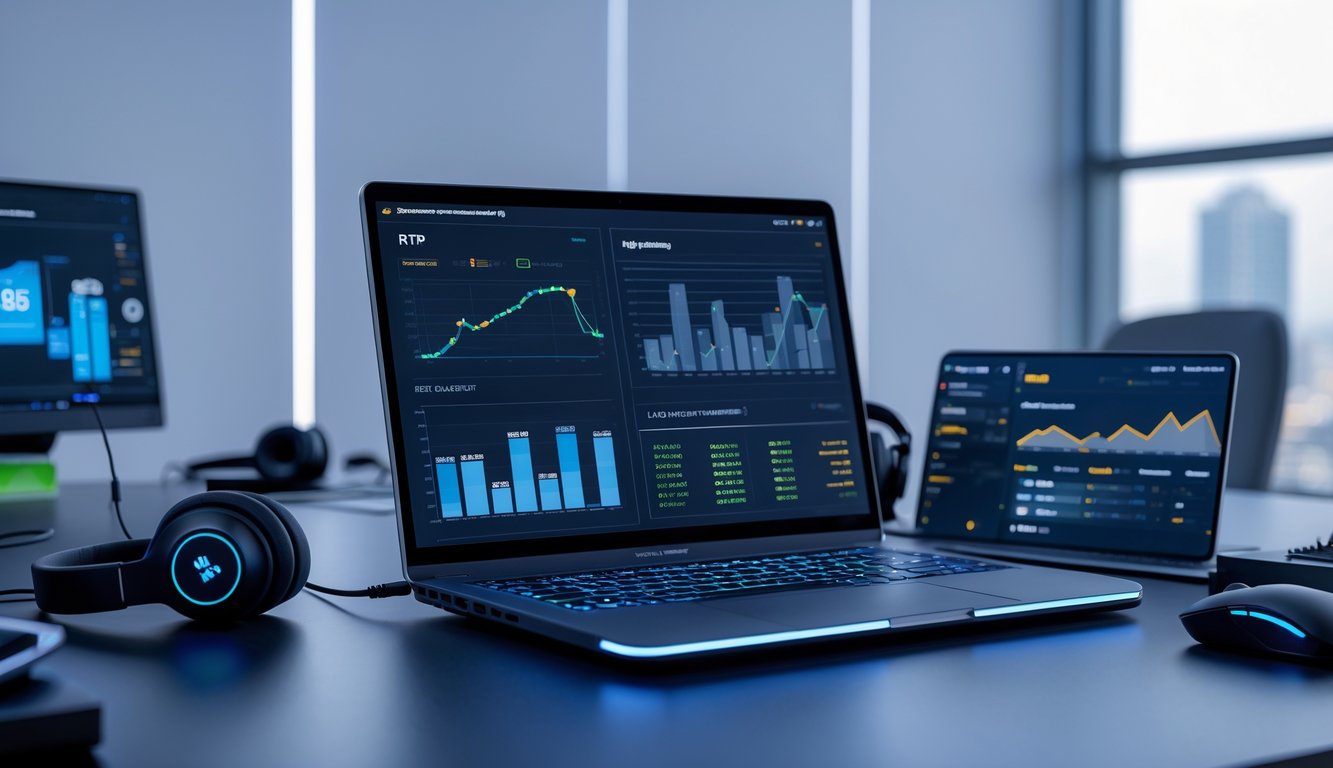 Sebuah ruang kerja modern dengan laptop yang menampilkan grafik data RTP, dilengkapi dengan aksesori gaming dan pemandangan kota di latar belakang.