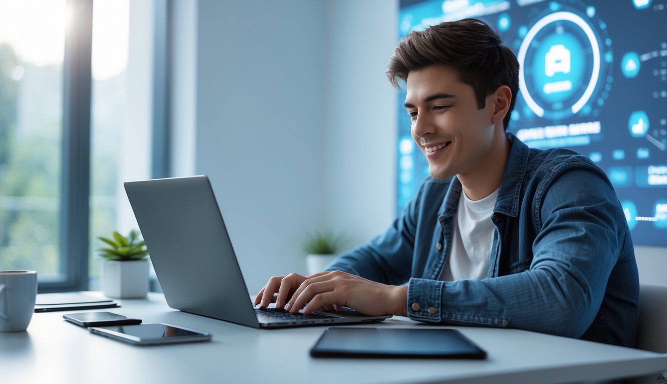 Seorang dewasa muda duduk di meja modern menggunakan laptop dengan ekspresi fokus dan senang, dikelilingi oleh cangkir kopi, ponsel, dan buku catatan di ruangan yang terang.