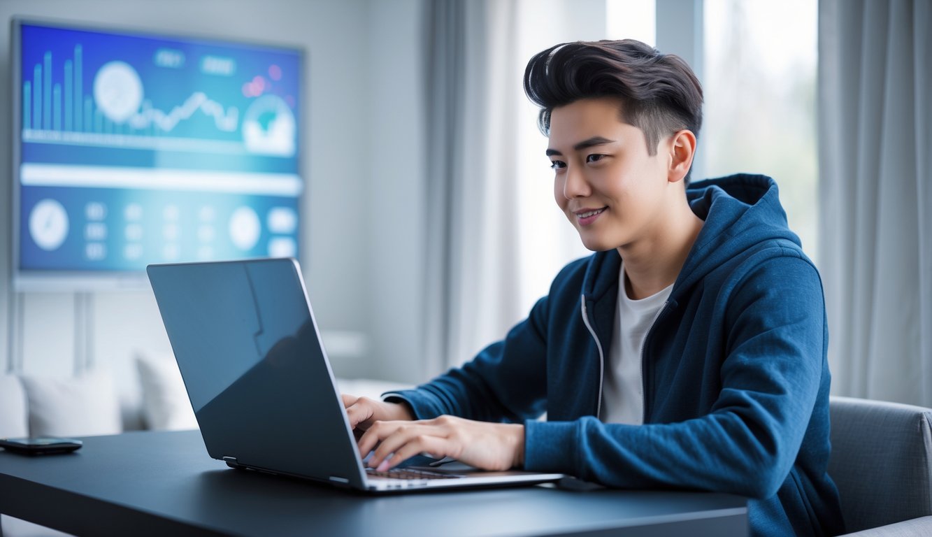 Seorang dewasa muda duduk di meja modern menggunakan laptop untuk bermain permainan online dengan fokus dan suasana ruangan yang rapi.