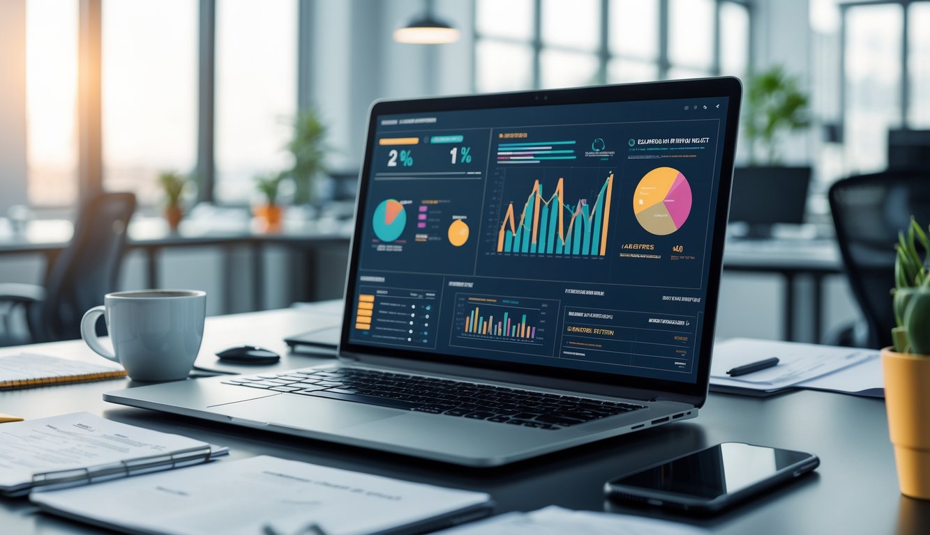 Meja kerja modern dengan laptop yang menampilkan grafik dan catatan, di ruang kantor terang dengan cahaya alami.