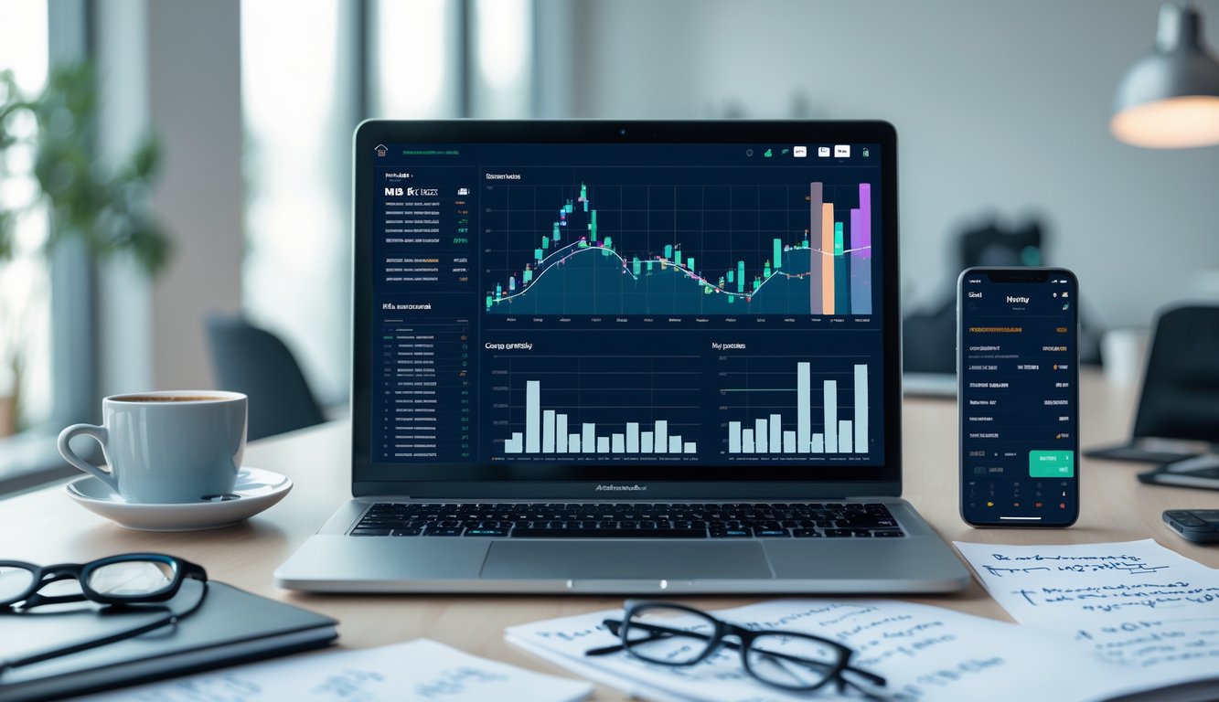 Meja kerja modern dengan laptop menampilkan grafik dan catatan strategi RTP online, di sekitar terdapat smartphone, kopi, dan alat tulis.