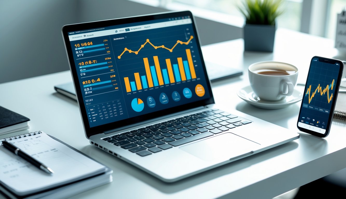 Meja kerja modern dengan laptop dan ponsel yang menampilkan grafik dan data, dikelilingi alat tulis dan kopi.