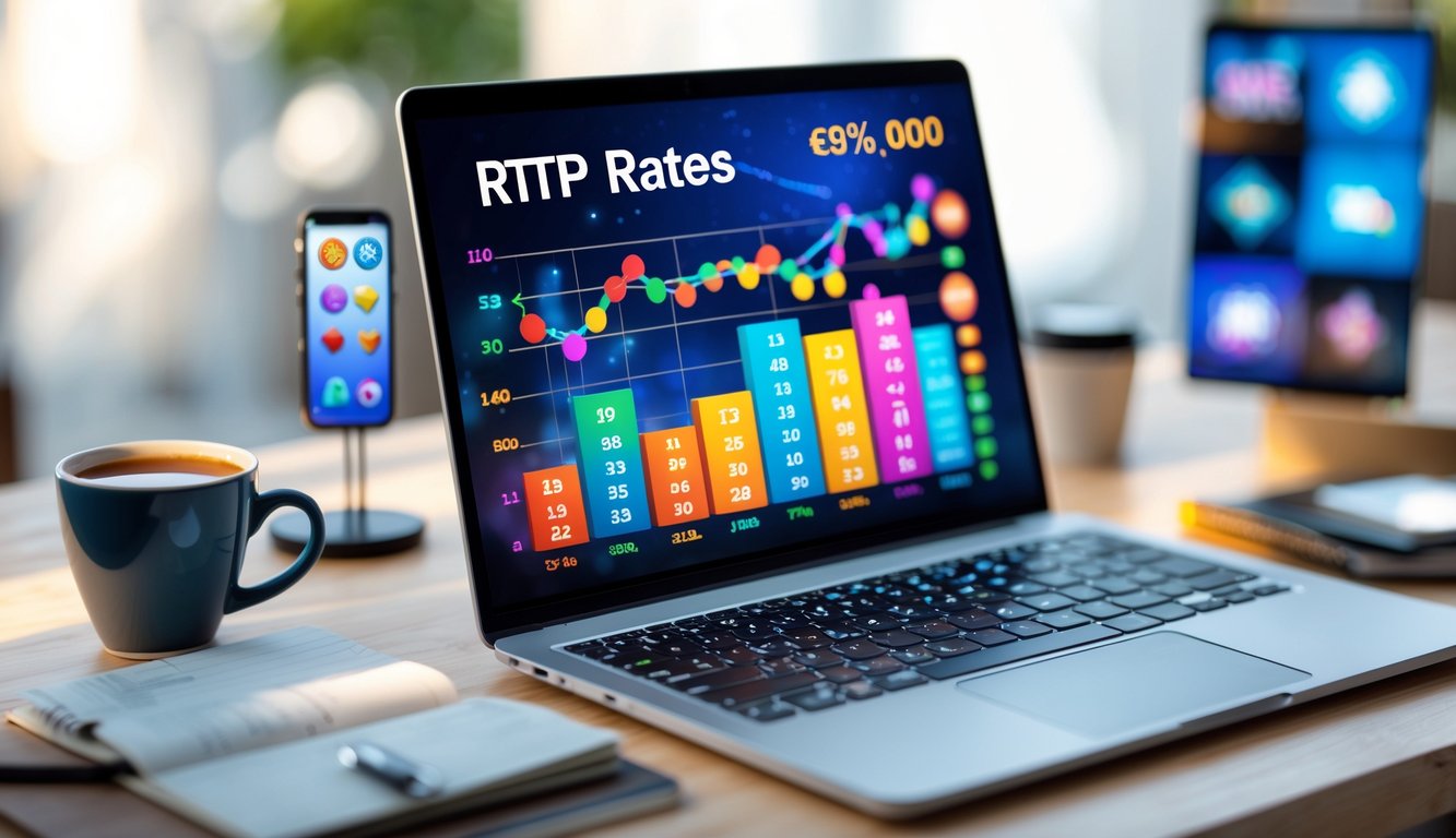Seorang profesional sedang bekerja dengan laptop yang menampilkan grafik dan statistik terkait permainan slot online di meja kerja.