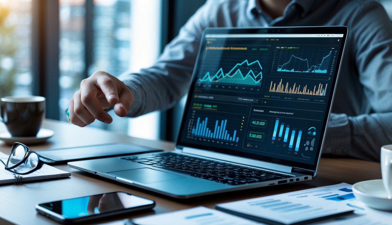 Seorang profesional di meja kerja modern sedang menganalisis data dan strategi menggunakan laptop dan smartphone.
