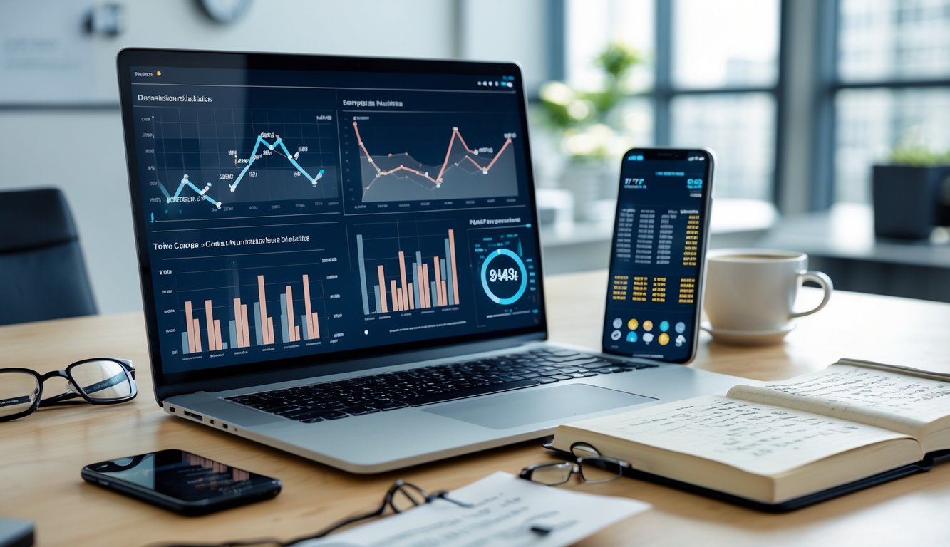 Meja kerja modern dengan laptop, smartphone, buku catatan, dan alat tulis yang menunjukkan aktivitas analisis data.