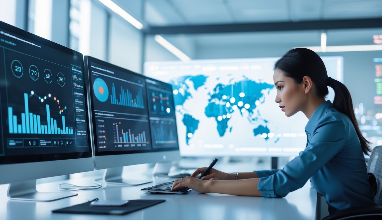 Seorang profesional sedang menganalisis data angka dan grafik di beberapa layar komputer dalam ruang kerja modern.
