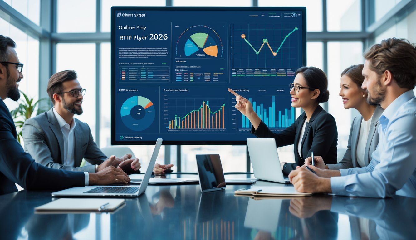 Sekelompok profesional sedang berdiskusi di ruang kantor dengan layar besar menampilkan grafik dan data analisis RTP online tahun 2026.