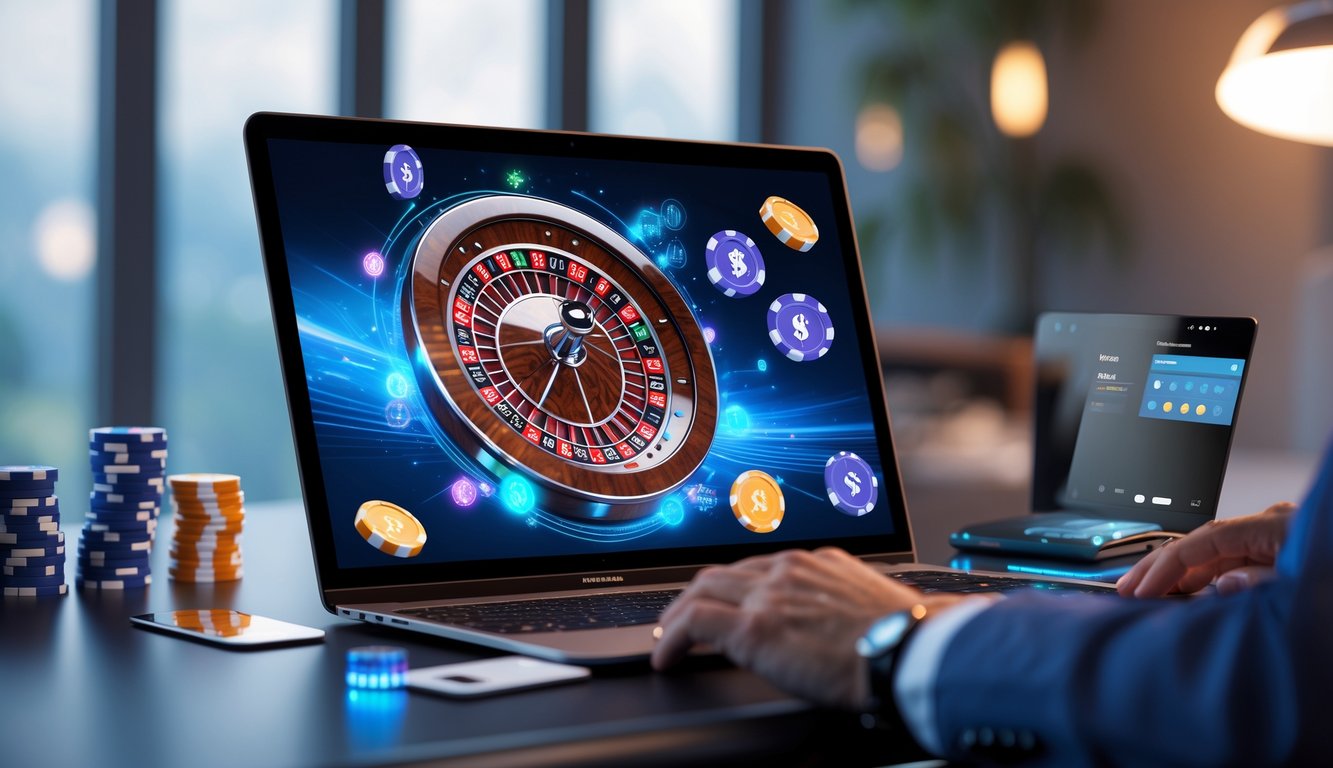 Sebuah meja dengan komputer menampilkan roda roulette digital yang berputar, dikelilingi chip taruhan dan ikon pembayaran, dengan latar belakang ruangan modern dan perangkat pembayaran di sekitar.