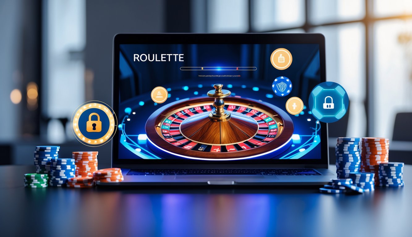 Sebuah meja kerja dengan komputer yang menampilkan roda roulette digital dan tumpukan chip kasino, menggambarkan situs roulette online terpercaya.