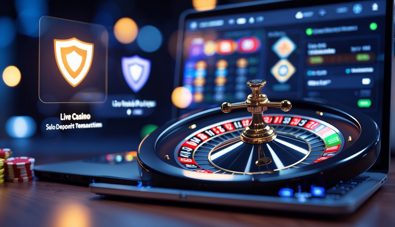 Sebuah layar komputer menampilkan permainan roulette online dengan suasana kasino modern dan elemen keamanan digital.