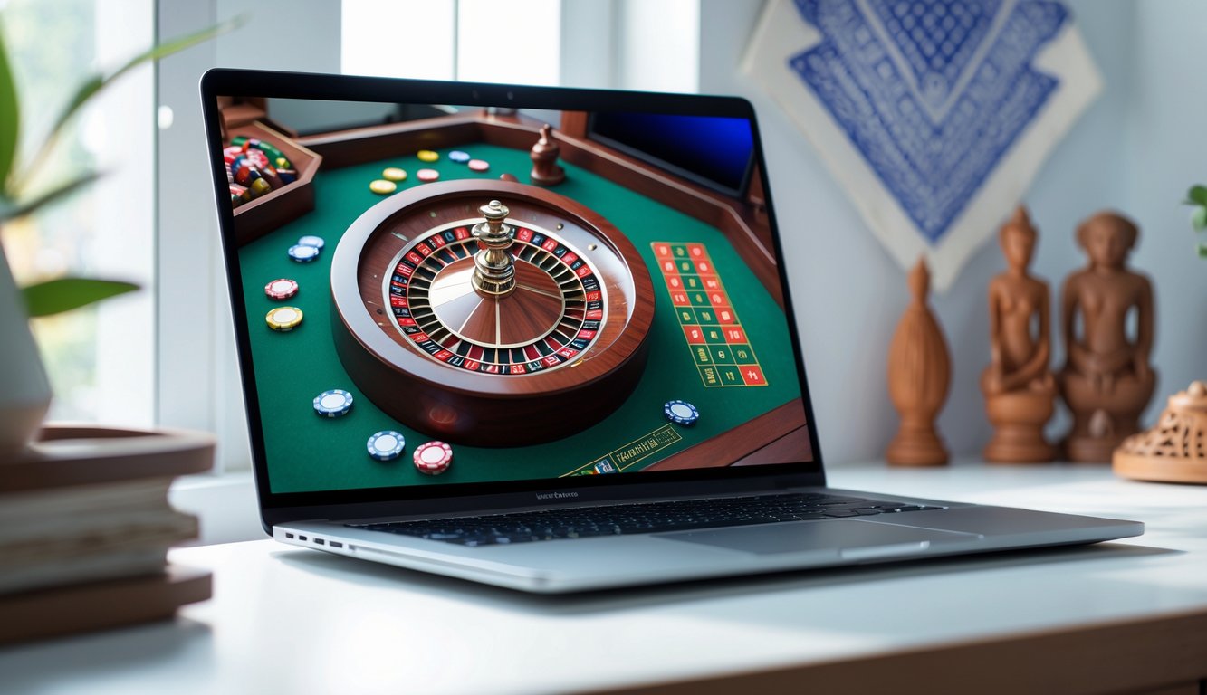 Sebuah meja kerja modern dengan komputer yang menampilkan roda roulette berputar dan beberapa chip taruhan, dengan dekorasi kecil bernuansa Indonesia di latar belakang.