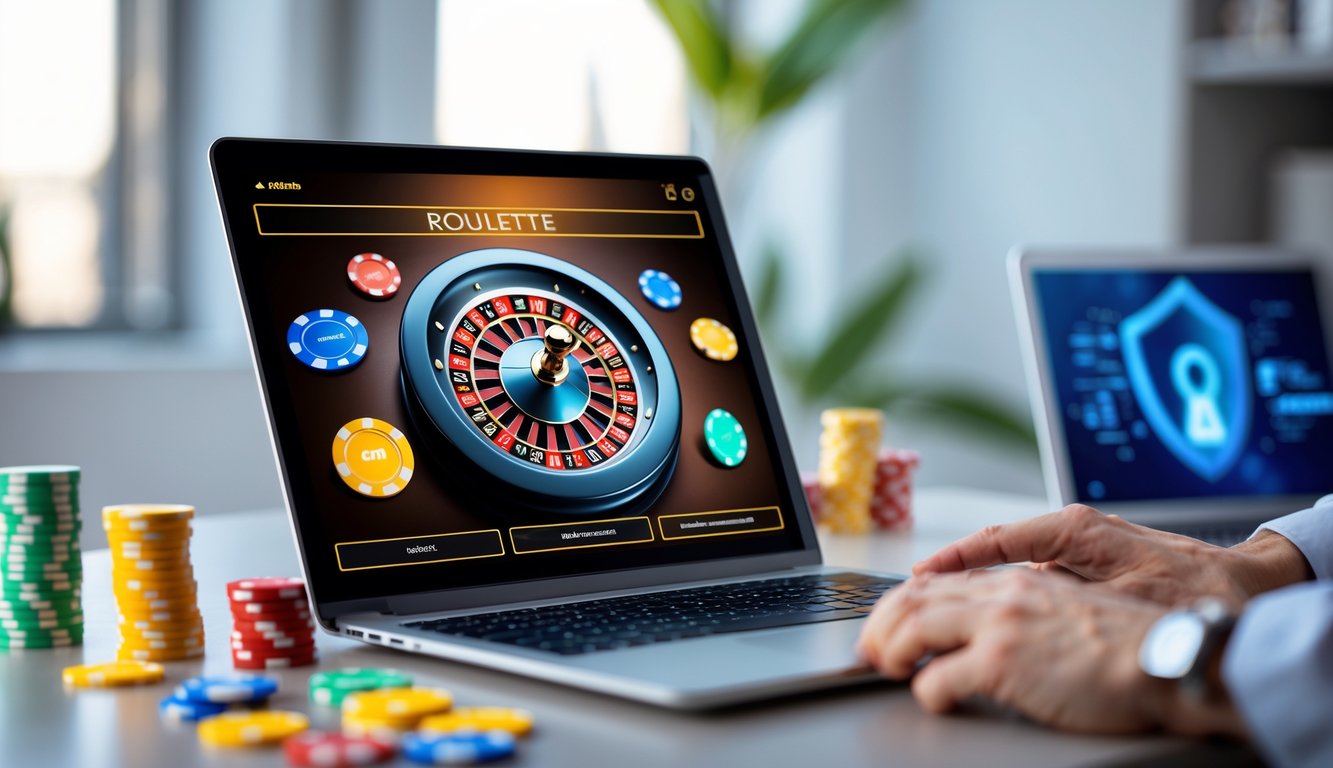 Sebuah meja kerja dengan komputer menampilkan roda roulette digital dan chip taruhan, menggambarkan aktivitas permainan roulette online yang terpercaya.