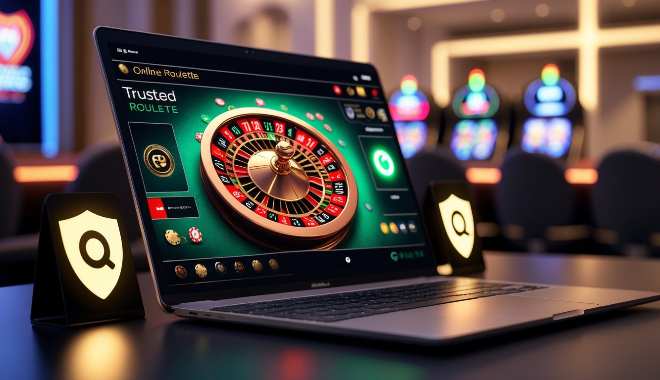 Layar komputer menampilkan roda roulette digital berwarna merah, hitam, dan hijau yang sedang berputar dalam suasana kasino yang elegan dan terang.