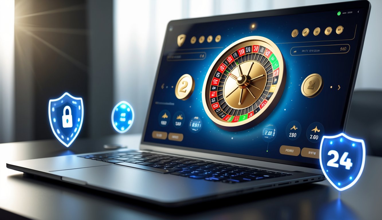 Sebuah komputer menampilkan permainan roulette online dengan roda roulette berputar dan elemen yang menunjukkan keamanan dan akses 24 jam.