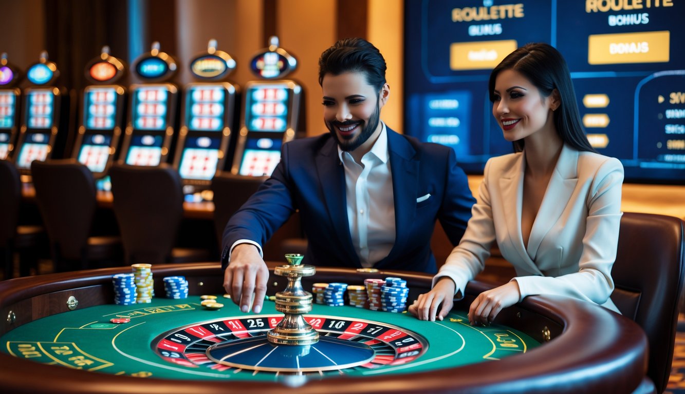 Seorang pria dan wanita duduk di meja roulette kasino, pria memasang chip sementara wanita memperhatikan dengan antusias.