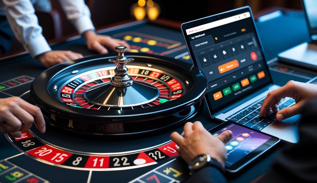 Meja roulette online dengan roda roulette dan layar digital yang menampilkan permainan, dikelilingi oleh tangan pemain yang sedang bertaruh.